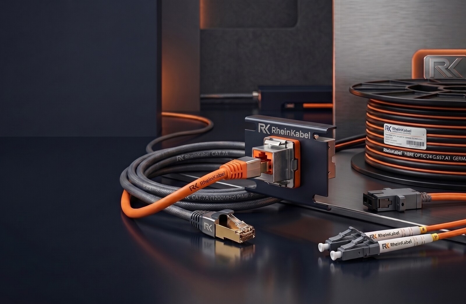 RheinKabel Kupfer- und Glasfaserkomponenten: Patchkabel, Keystone-Modul und Glasfaserkabel